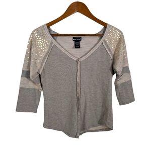 VINTAGE Wet Seal Y2K Grey Cotton Sequins Jersey 3/4 Long Sleeve Tee Shirt